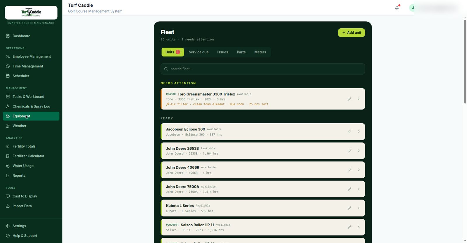 Fleet list with meter hours and service status for every machine