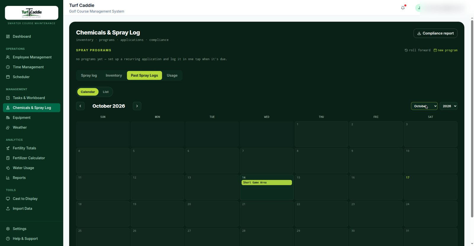 TurfCaddie spray calendar: a full month of applications at a glance