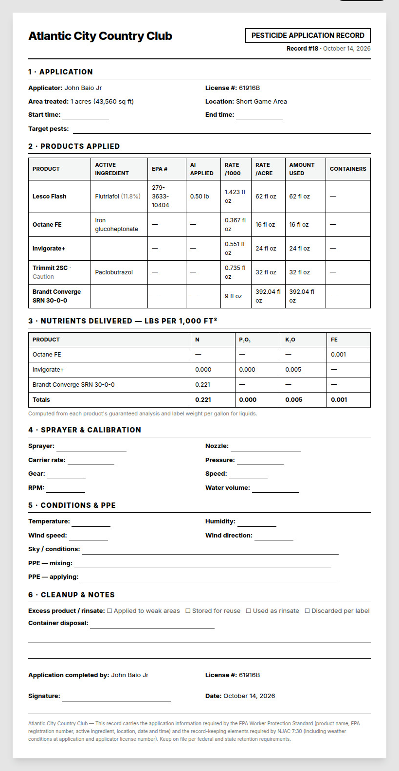 A TurfCaddie spray record: application #18 with products, AI applied and nutrients
